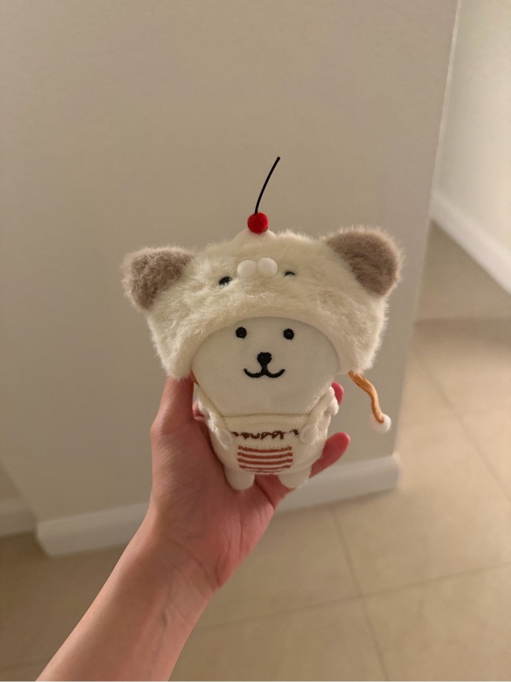 Cream Plush Joke Bear Character with Cherry Hat